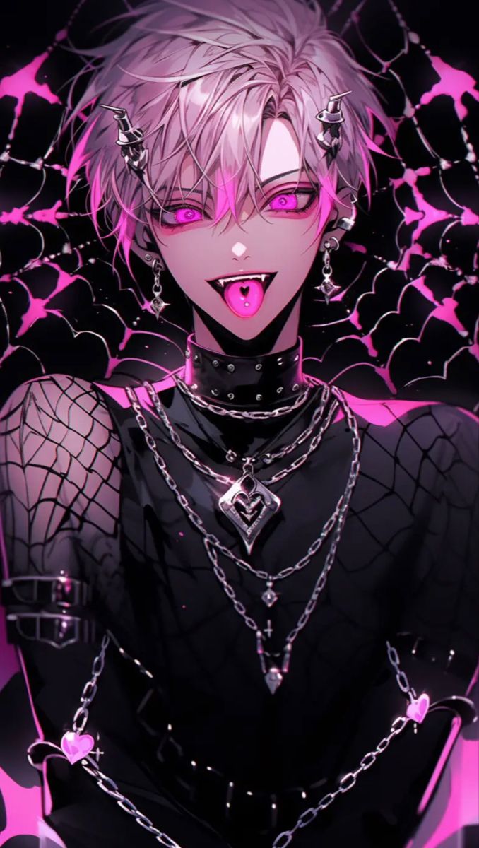 an anime character with pink hair and chains on her neck, in front of a black background