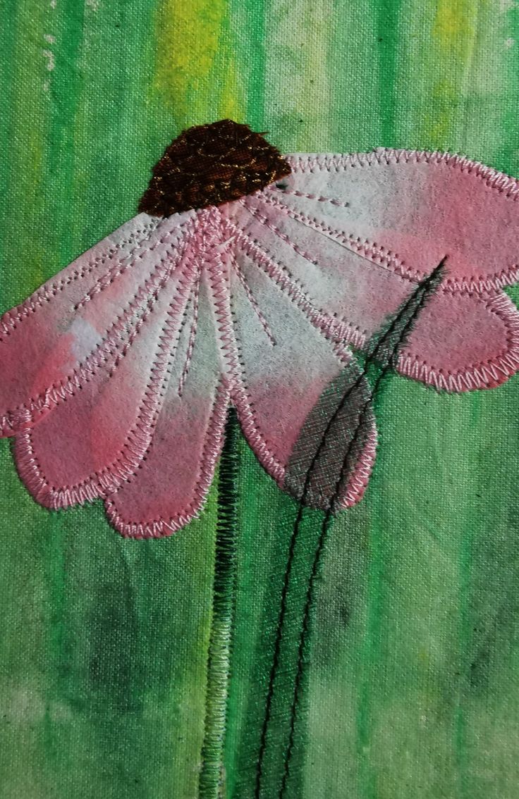 a painting of a pink flower with green background