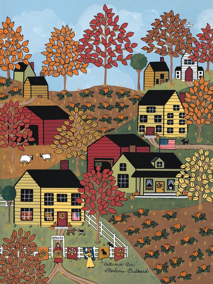 a painting of houses and trees in autumn