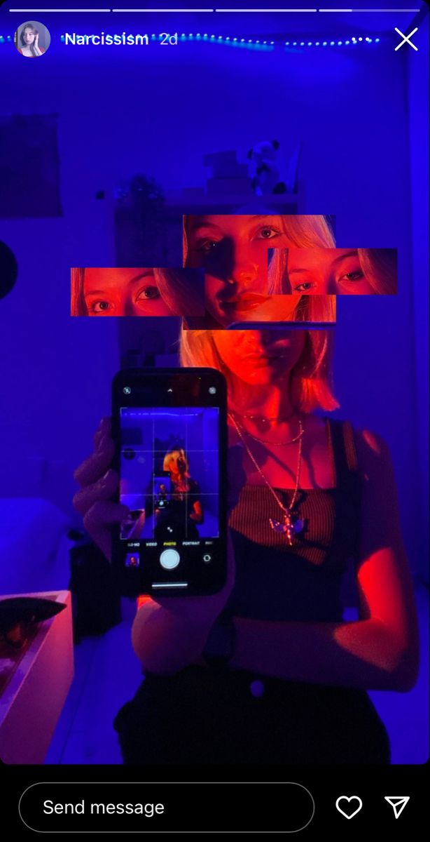 a woman holding up a cell phone in front of her face with multiple images on the screen