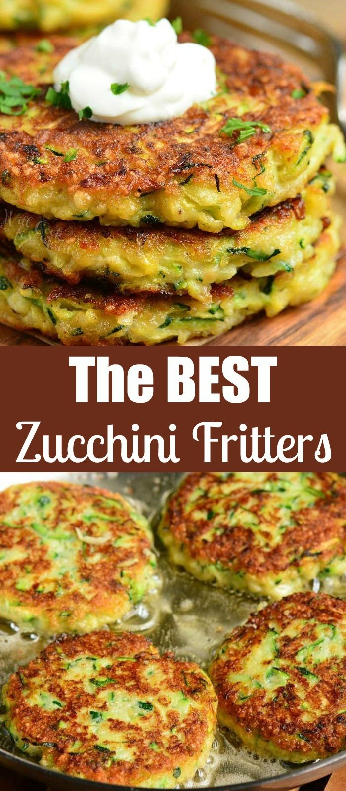 zucchini fritters are stacked on top of each other with sour cream