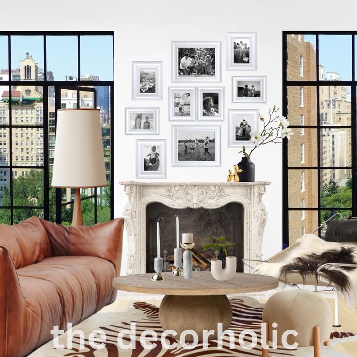 a living room filled with lots of furniture and pictures on the wall above it's fireplace