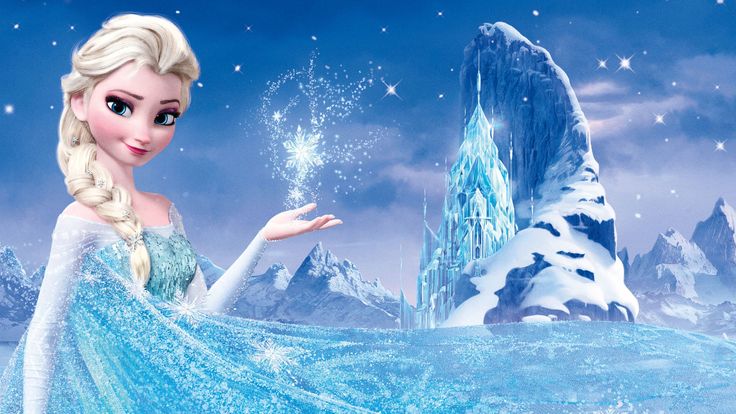 the frozen queen is standing in front of an icy mountain and holding her hand out