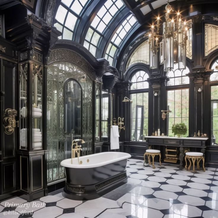 an ornate bathroom with black and white tile flooring, chandelier, and bathtub