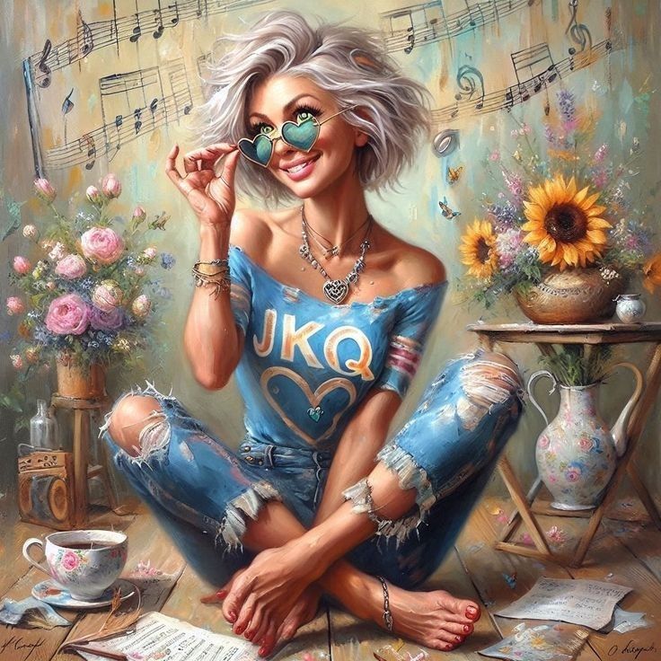 a painting of a woman sitting on the floor with music notes and sunflowers