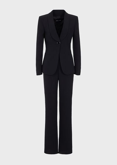 Elegant Semi-formal Pantsuit With Pressed Crease, Classic Pantsuit With Pressed Crease And Lapel Collar, Luxury Single-breasted Tuxedo For Work, Timeless Semi-formal Pantsuit With Hidden Button Closure, Classic Tailored Pantsuit With Lapel Collar, Classic Single Breasted Formal Pantsuit, Classic Single-breasted Formal Pantsuit, Elegant Silk Blazer With Concealed Placket, Elegant Silk Blazer With Welt Pockets