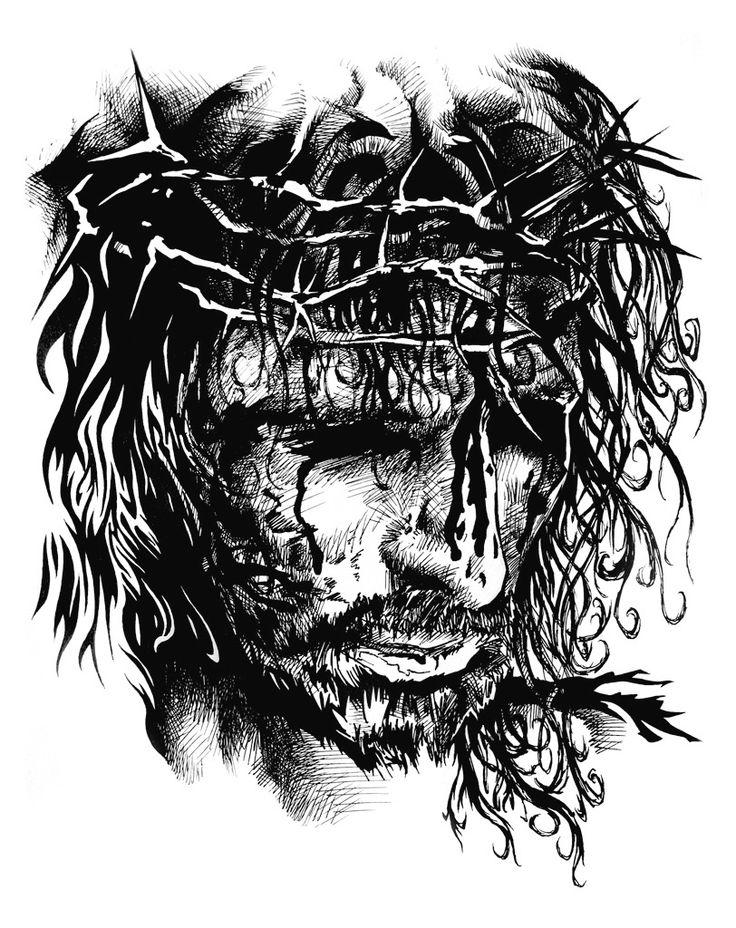 a black and white drawing of jesus wearing a crown of thorns on his head