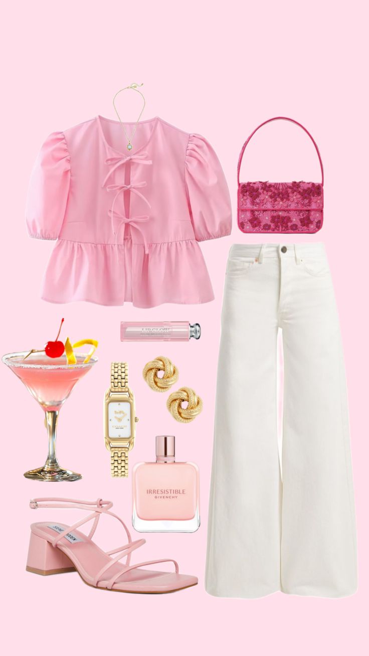 a pink top and white pants with accessories including shoes, a cocktail glass, an ice cream sundae and a pair of sunglasses