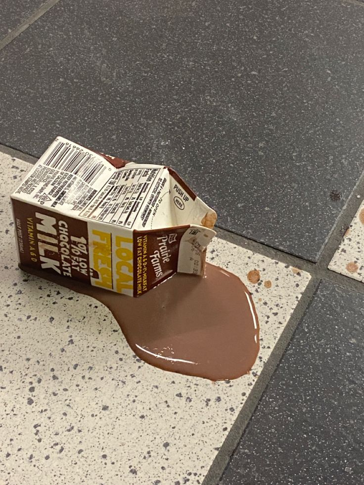 an ice cream box sitting on the ground next to a puddle of melted chocolate paint