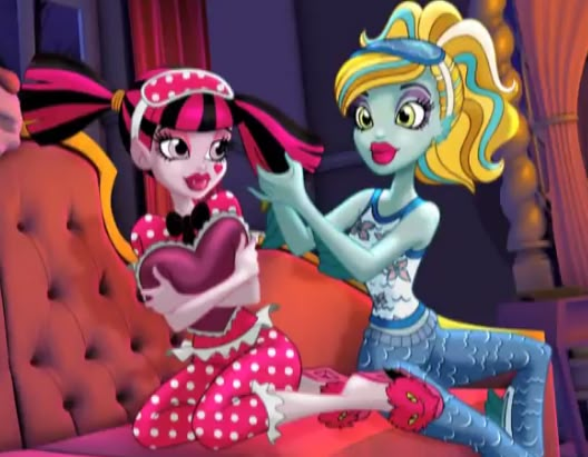 two cartoon characters sitting on top of a couch in front of a red chair with pink hair