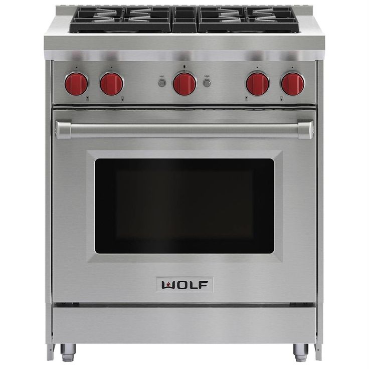 a stainless steel stove with red knobs and two burners on the front, against a white background