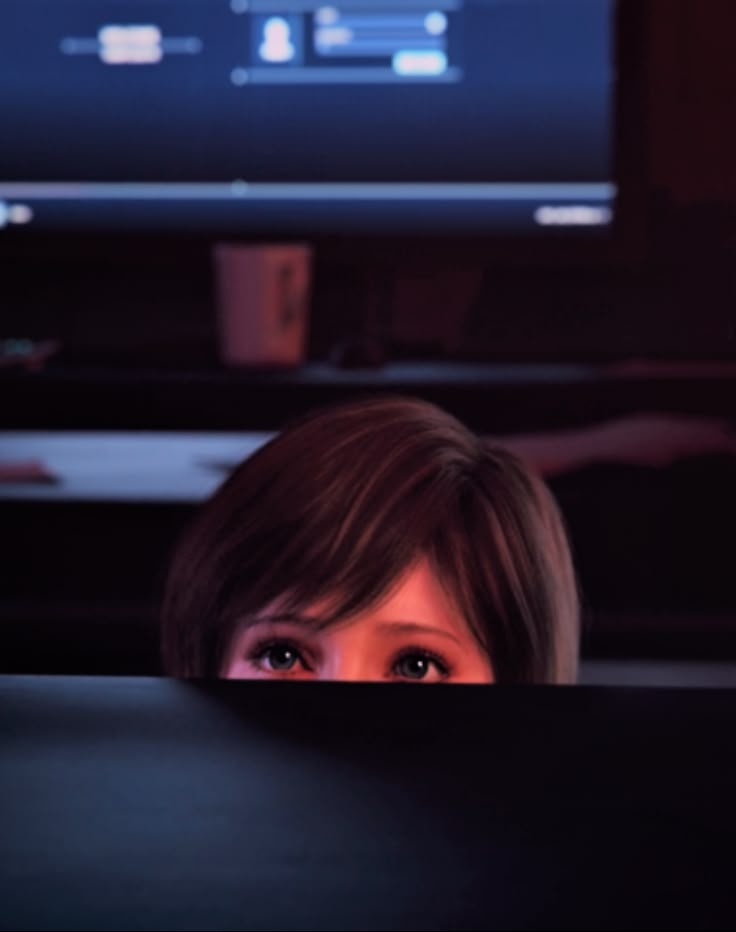 a woman peeking over the edge of a table in front of a television screen with her eyes wide open