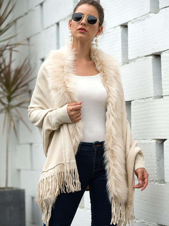 Debbie Fur Collar Bohemian Oversized Women Cardigan Winter Long Sleeve Outerwear With Tassels, Winter Outerwear With Tassels And Long Sleeves, Bohemian Winter Cardigan, Chic Winter Shawl Poncho, Chic Winter Outerwear With Batwing Sleeve, Chic Winter Fringe Outerwear, Bohemian Fringe Winter Cardigan, Bohemian Winter Sweater With Tassels, Chic Cape Shawl For Fall