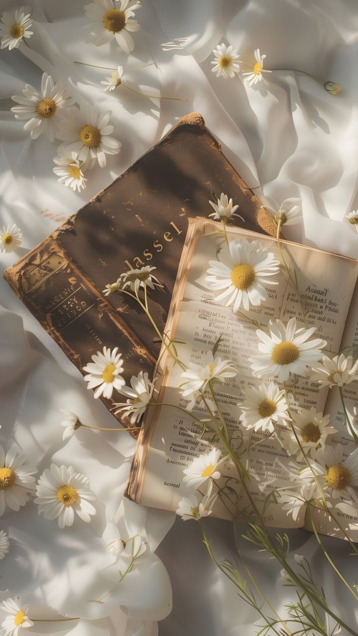 an open book laying on top of a bed of daisies