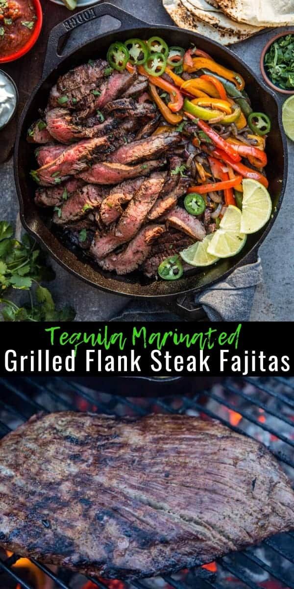 steak and vegetables cooking on the grill with text overlay that reads, tequila marinated grilled flank steak fajitas