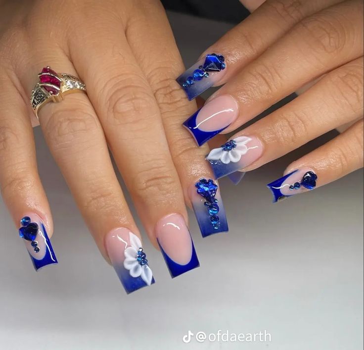 Royal Blue Acrylic Nails 3d Flower, Blue Nail Designs With Charms, Quince Nails Blue Short, R On Nails, Royal Blue Nails With Flowers, Blue Nails With Design Short, Azure Blue Nails, Royal Blue Nails Square, Short Royal Blue Acrylic Nails