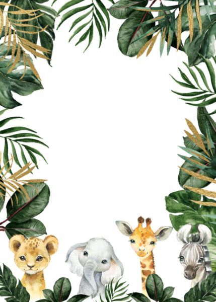 a watercolor jungle frame with animals and leaves