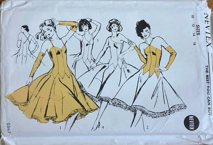 three women's dresses, one in yellow and the other in black are shown