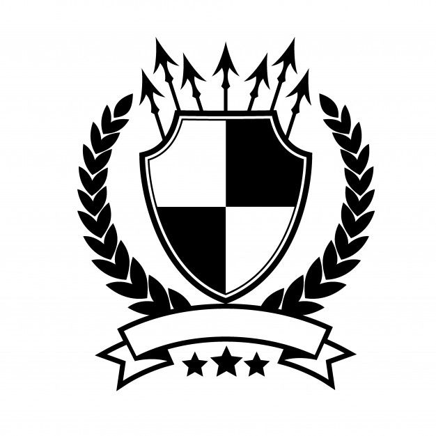 a black and white shield emblem with stars on the bottom, surrounded by laurels