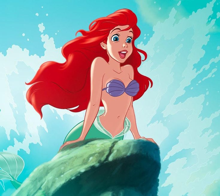 ariel from the little mermaid sitting on top of a rock in the ocean with her hair blowing