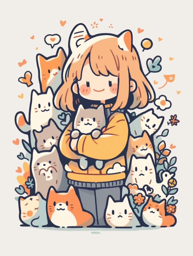 a girl is hugging her cat surrounded by cats