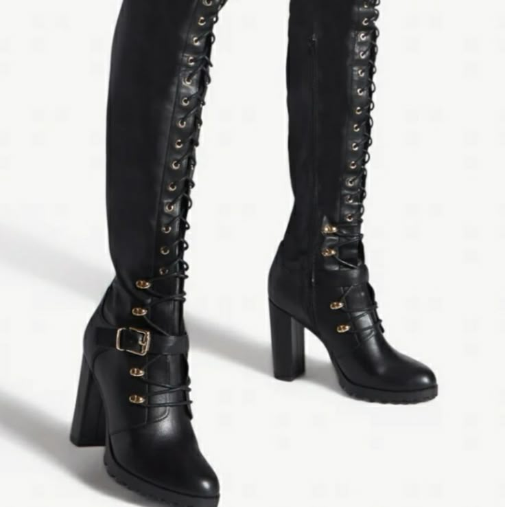 An Over-The-Knee Combat Boot Featuring A High Block Heel, Decorative Buckle Strap, Adjustable Laces, And Zipper Closure. Material: Faux-Leather Features: Sd Dream Sole Double The Padding For Comfort, Support, And Ease Of Movement Calf Circumference: Based On Size 8 With 14" Shaft Point; Reg: 16.3''-16.5'' Outside Heel Height: 4" Closure: Functional Inside Zipper; Adjustable Laces Shaft Height: 26.5" Ew( Extra Width) Color: Black *** All Shoes Are Mailed Without Original Box****** If You Need A B Black Leather High Heel Boots, 80s Combat Boots, Nlack Boots, Black Boots Heel, Bayonetta Shoes, Fantasy Shoes Boots, Assassin Boots, Rogue Boots, Combat Heels