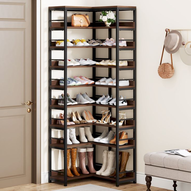 a shoe rack with several pairs of shoes on it