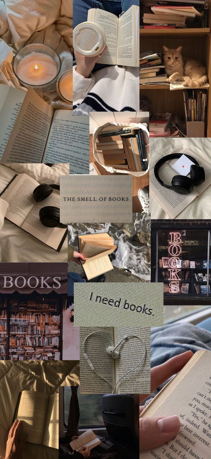 the collage shows many different books, including one that is open and two are closed