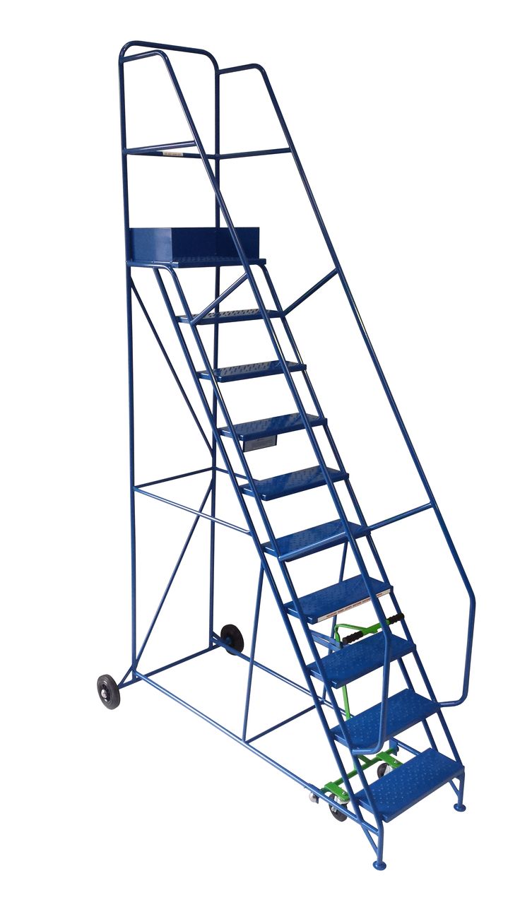 a set of blue metal steps with wheels