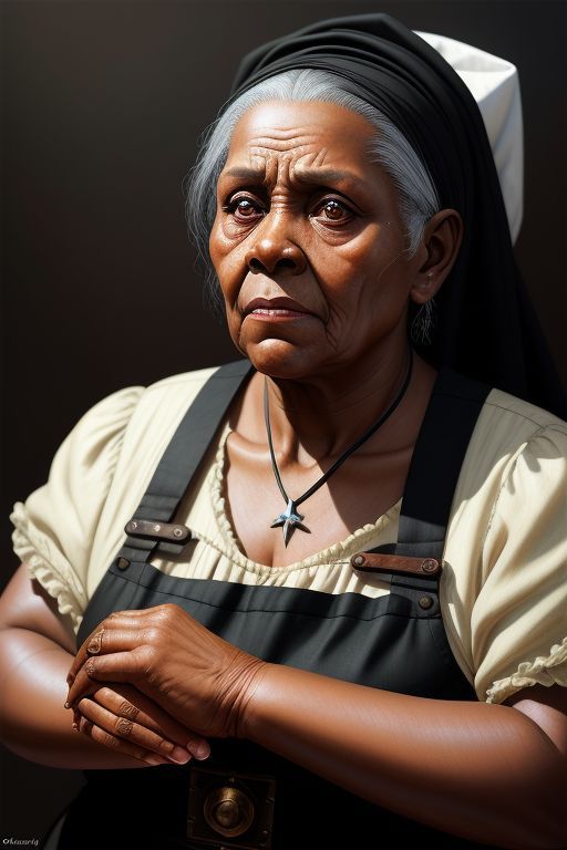 an older woman with grey hair and black aprons is looking at the camera while wearing a necklace