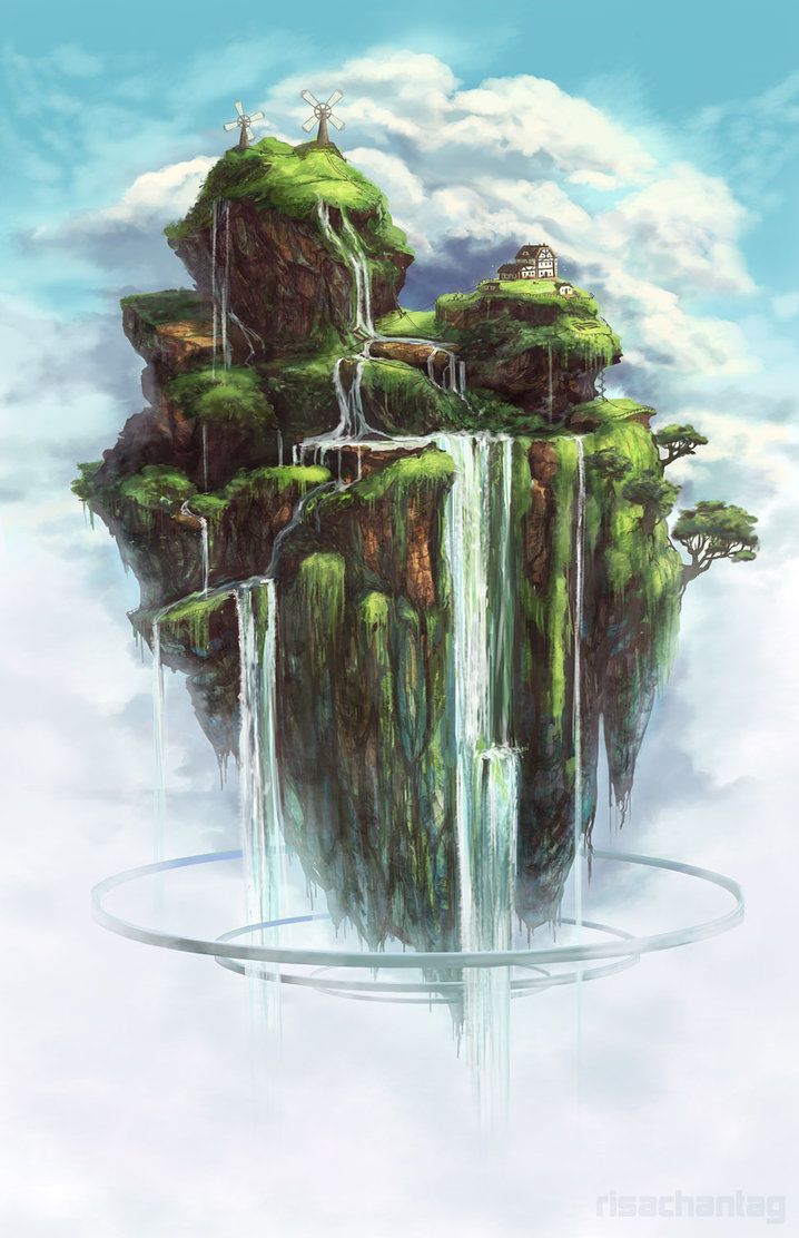 an island in the sky with waterfalls on it