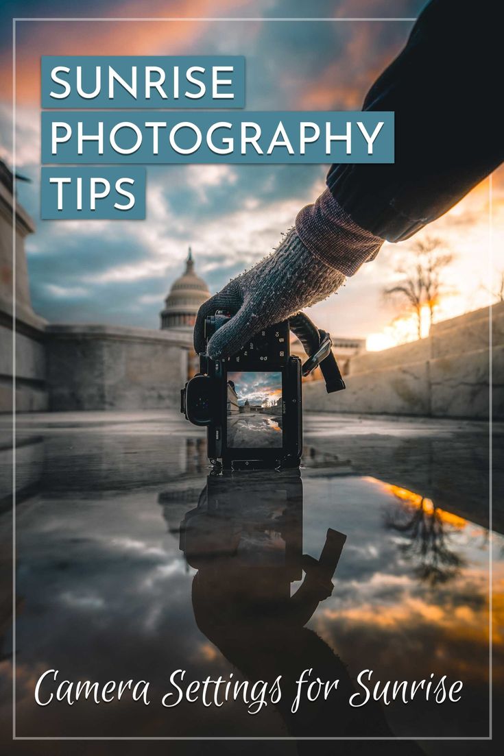 a camera sitting on top of a puddle with the words sunrise photography tips in front of it