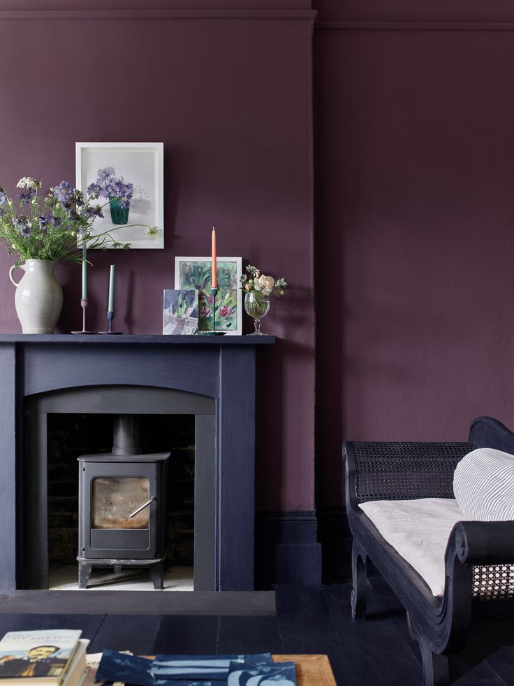 Annie Sloan Wall Paint in Tyrian plum on the walls, fire surround painted in Oxford Navy Chalk Paint. Plum Living Room, Plum Room, Purple Wall Paint, Plum Bedroom, Popular Living Room Colors, Plum Wall, Plum Walls, Dark Living Room Ideas, Red Elements