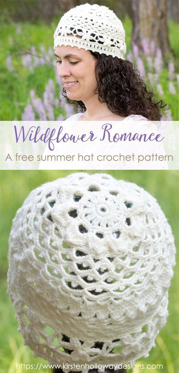 a woman wearing a white crochet hat with the words wildflower romance written on it