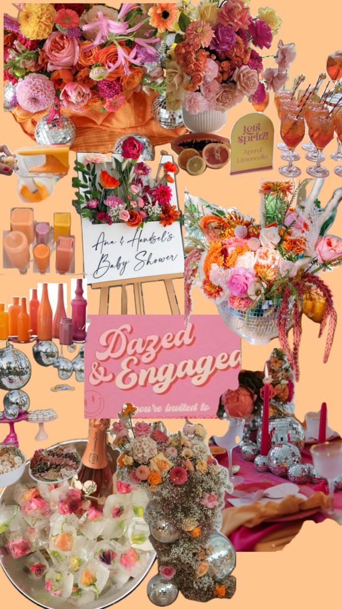 a collage of flowers and desserts on display in front of an orange background