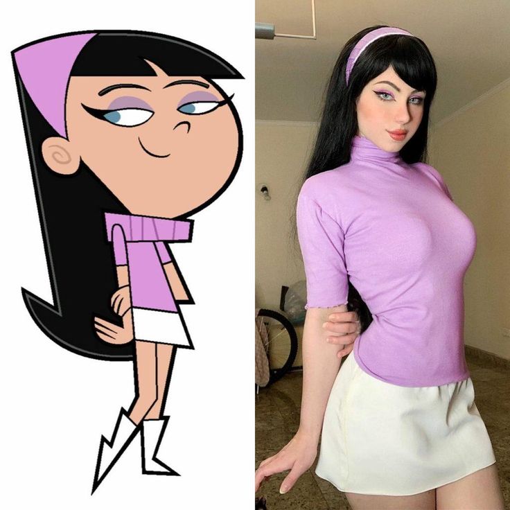 the cartoon character is wearing a purple shirt and white skirt with her hand on her hips