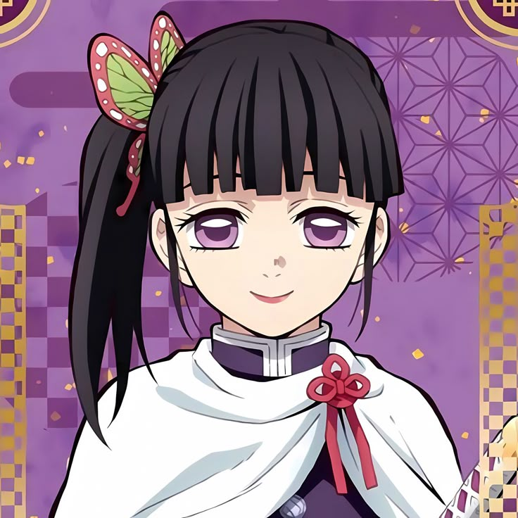 an anime character with long black hair and purple eyes holding a knife in her hand