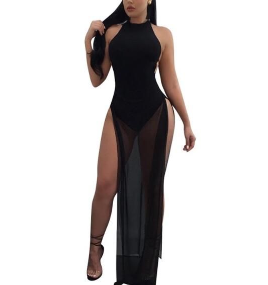 Mesh Patchwork maxi Halter Backless High Slit Sexy Dress With Bodysuit insert Clubwear Outfits, Black Mesh Dress, Sheer Maxi Dress, Bodysuit Dress, Long Bodycon Dress, Maxi Robes, 2017 Summer, Club Party, Party Dress Long