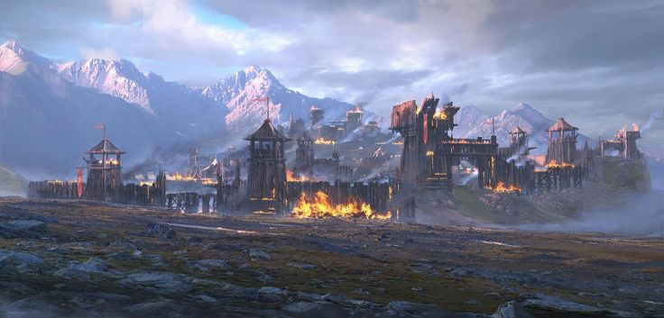 an image of a fantasy castle in the middle of a mountain range with fire coming out of it