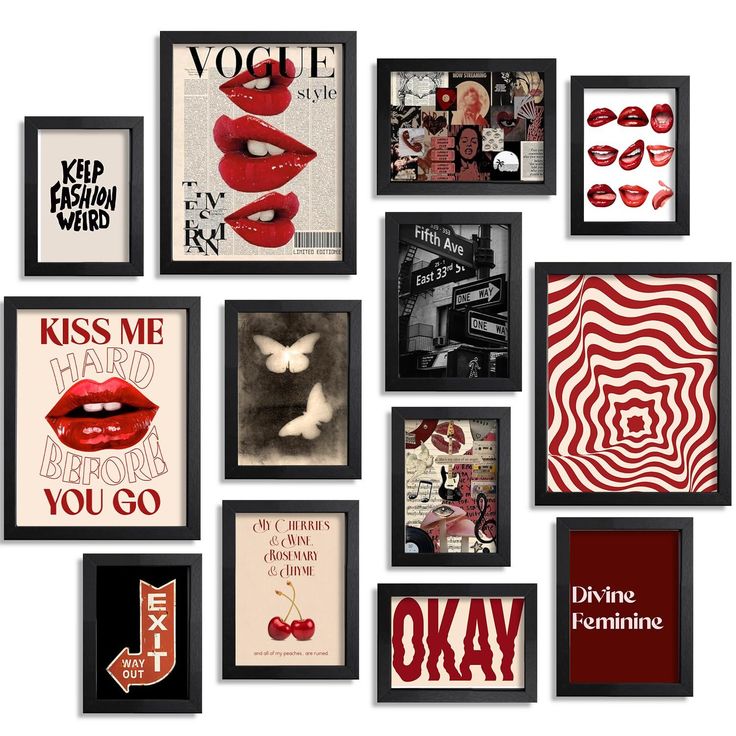 a collage of framed art with red lips and lipstick on it's wall