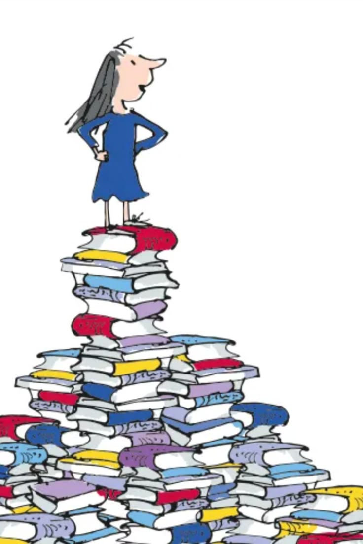 a woman standing on top of a pile of books