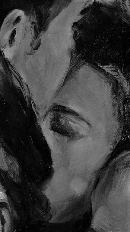 a black and white painting of a woman kissing a man's head with her eyes closed