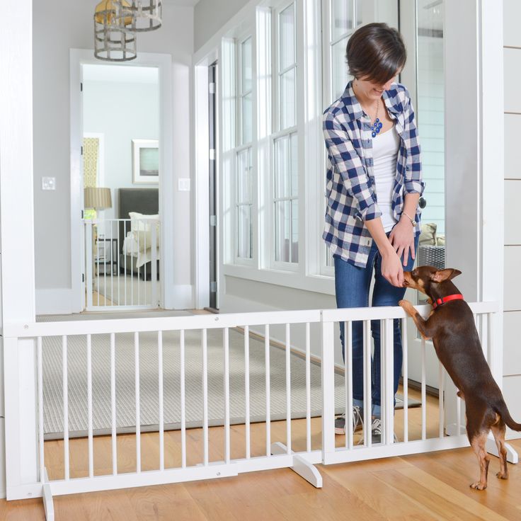 a woman standing next to a dog on top of a wooden floor in front of a white door