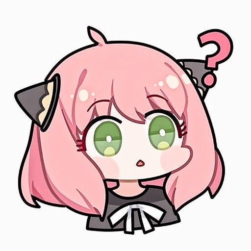 an anime character with pink hair and green eyes, wearing a black outfit that has a question mark on it's side