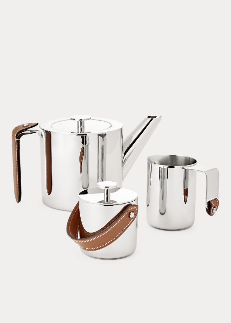 Wyatt Tea Set Modern Tea Set, Coffee Pots, Tee Set, Saddle Leather, Leather Accents, Bar Tools, Home Candles, Designers Guild, Ralph Lauren Home