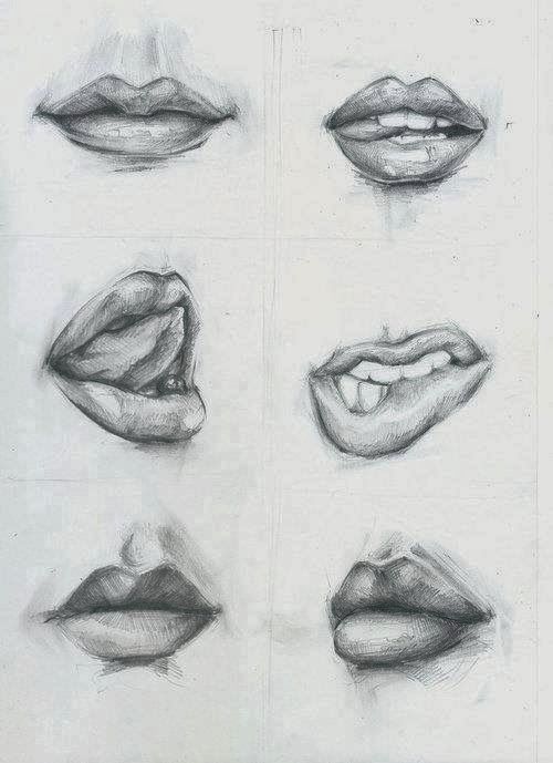 six different types of lips drawn in pencil