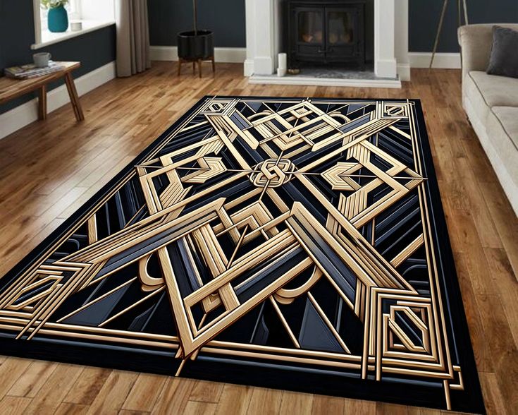 a living room with a large rug that has an art deco design on the floor