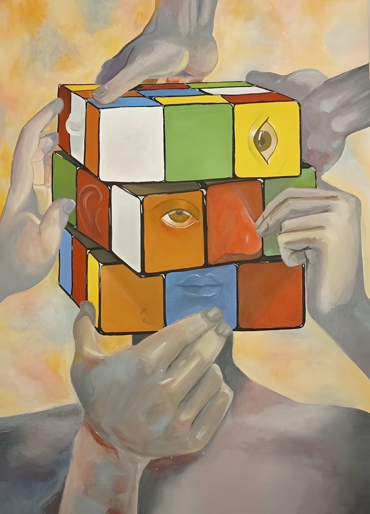 a painting of a person holding a colorful cube