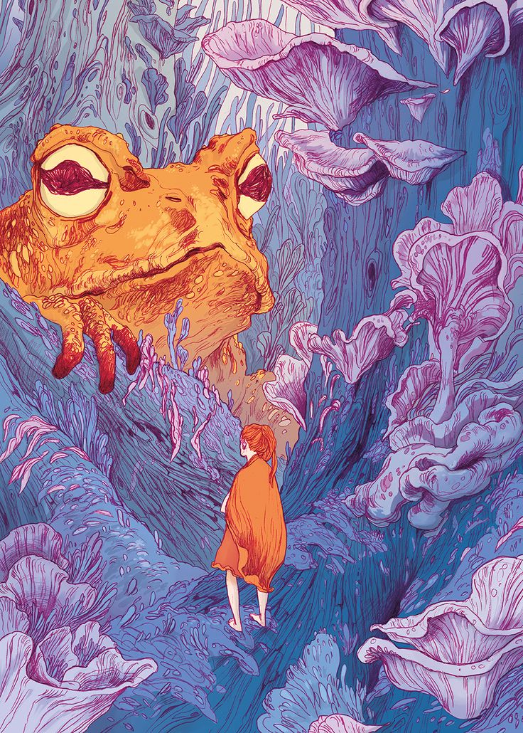 an illustration of a frog and a girl in the water with purple flowers around it