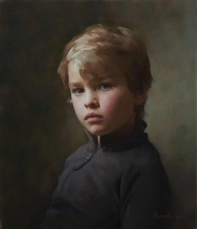 a painting of a young boy with blonde hair wearing a black shirt and looking at the camera